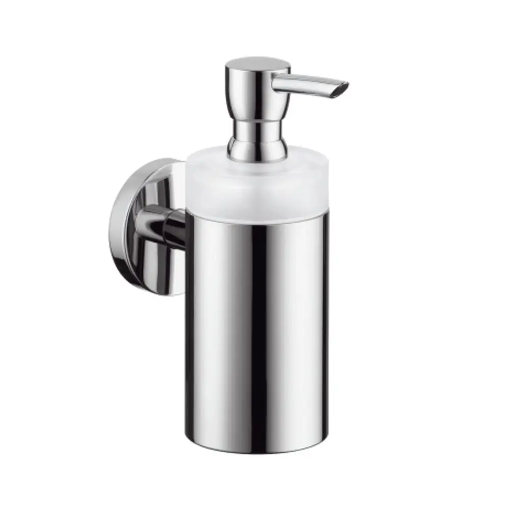 Wandmontierter Spender aus verchromtem Metall mit transparenter Deckel. Teil der Hansgrohe Logis-Serie für Badezimmeranwendungen.